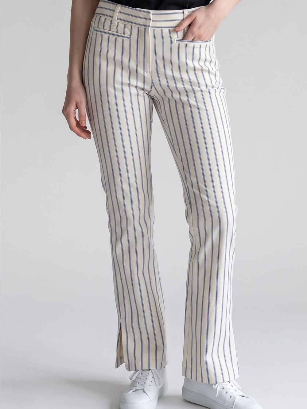 Anthropologie Cream and Blue Vertical-Stripe Boot-Cut Pants